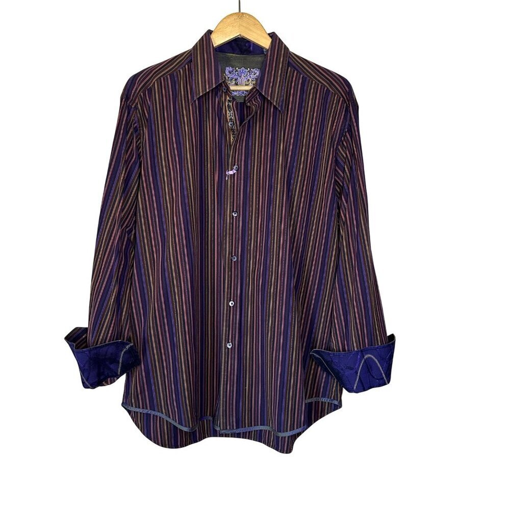 Robert Graham Flip Cuff Stripe Button Down Shirt Mens Size XL Mixed Print Party